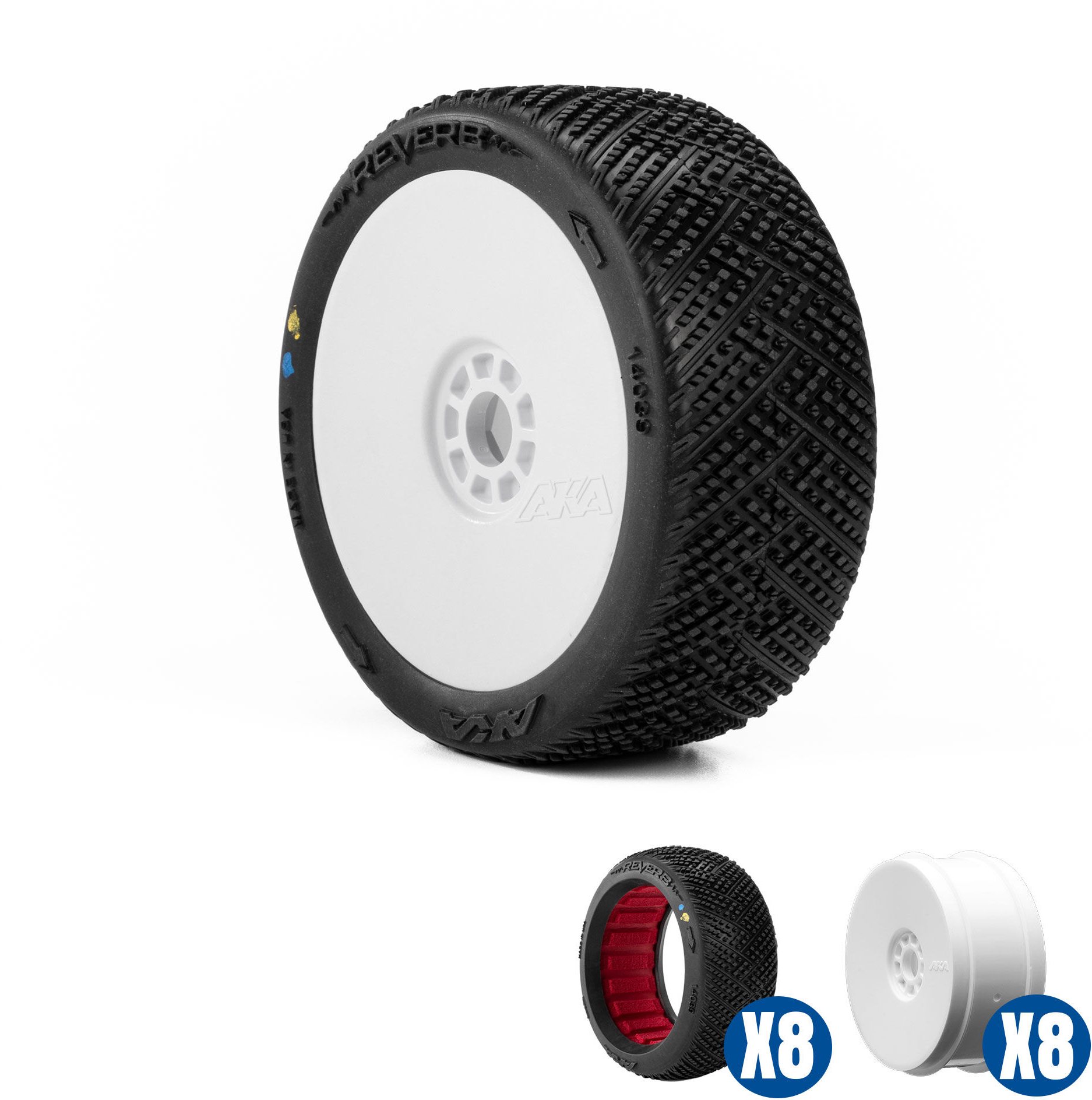 AKA Racing 1/8 Reverb Soft Long Wear Front/Rear Off-Road Buggy Tires Racer Bundle, White
