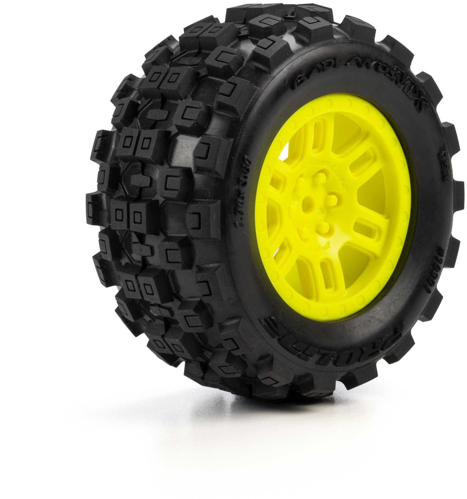Proline 1/16 Badlands MX Front/Rear MT Tires Mounted 12mm Yellow Split Six (2): ARRMA MINI KRATON