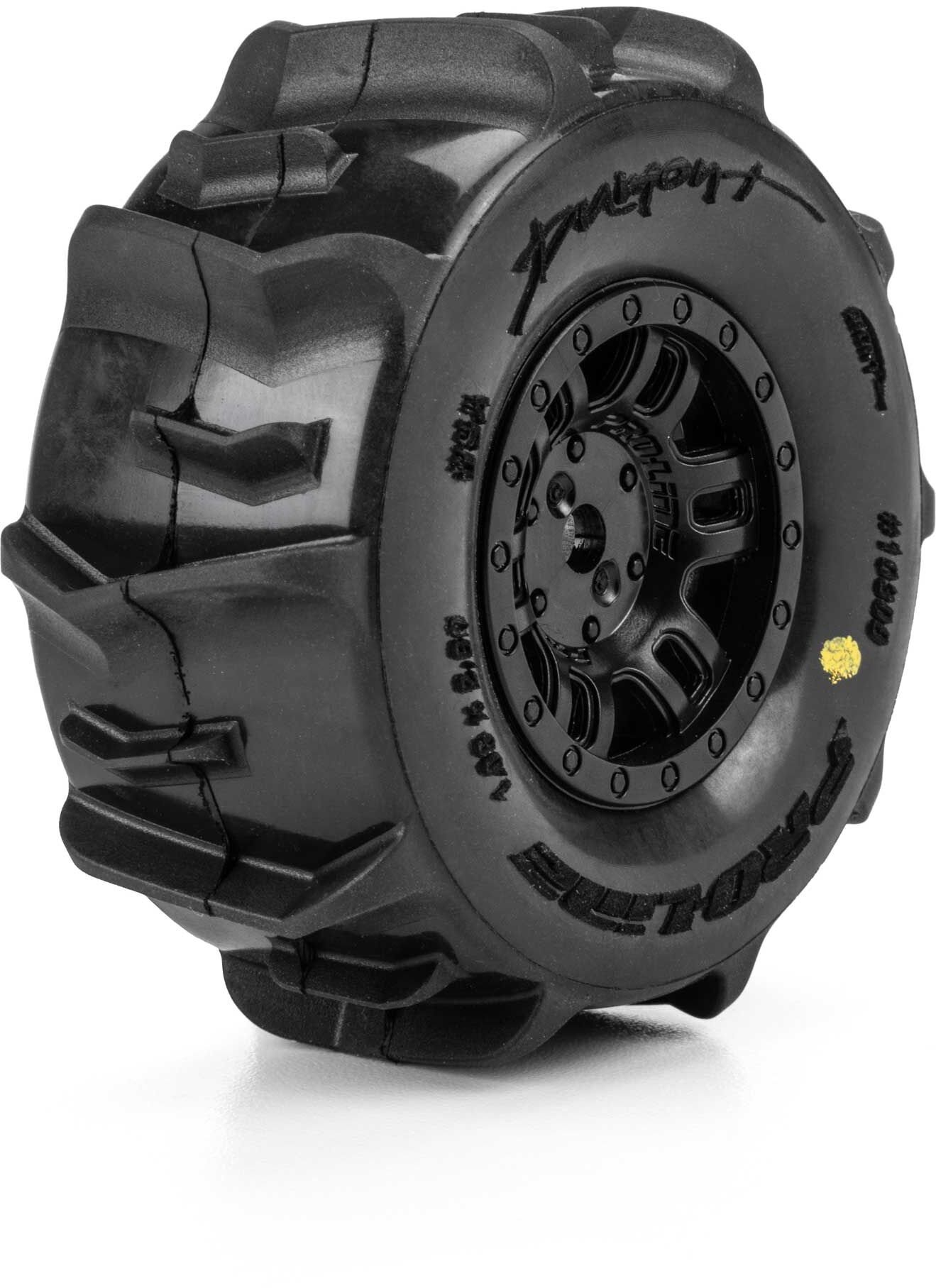 Proline 1/16 Dumont Front/Rear Paddle Tires Mounted 12mm Black Split Six (4): ARRMA MOJAVE GROM