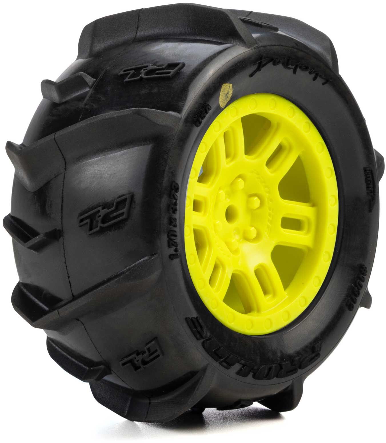 Proline 1/16 Dumont Front/Rear Paddle Tires Mounted 12mm Yellow Split Six (2): ARRMA MINI KRATON